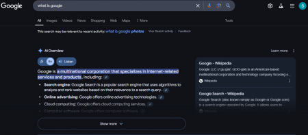 Google's modern search interface featuring AI-powered knowledge panels and rich snippets